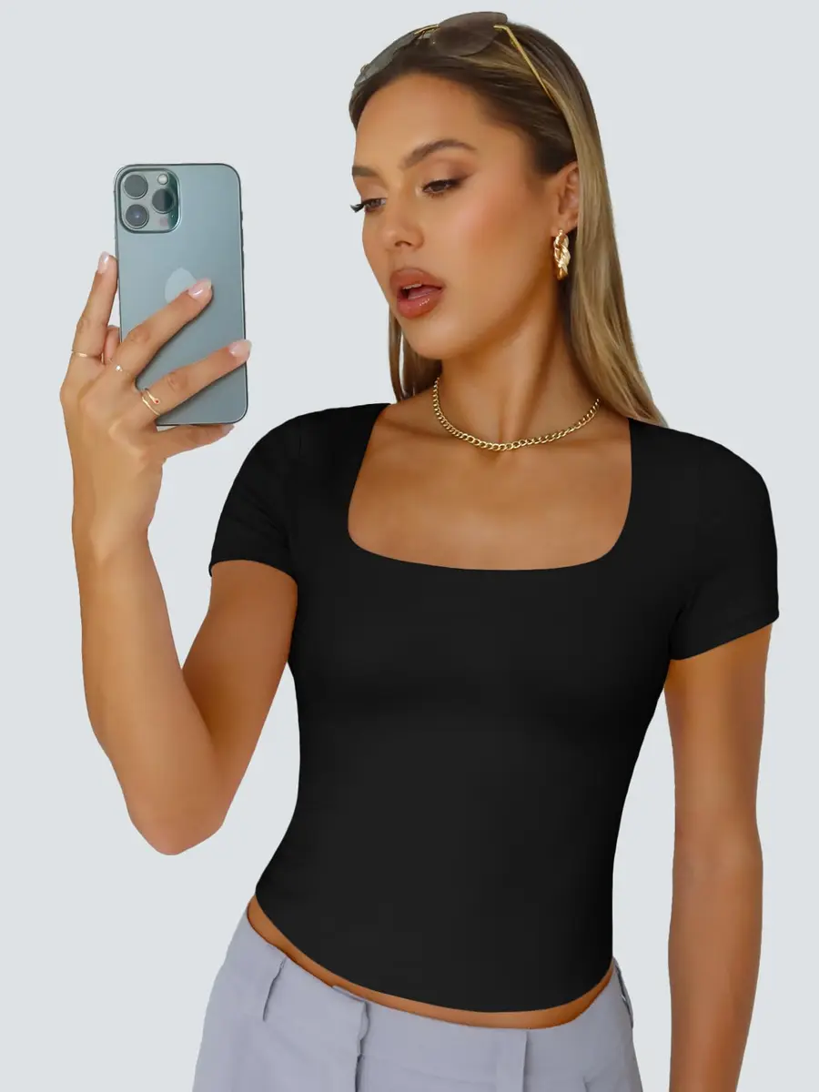 Trendy Queen Double Lined Square Neck Crop Top Medium Black | Breathable & Stretchable for Spring Summer - view 2