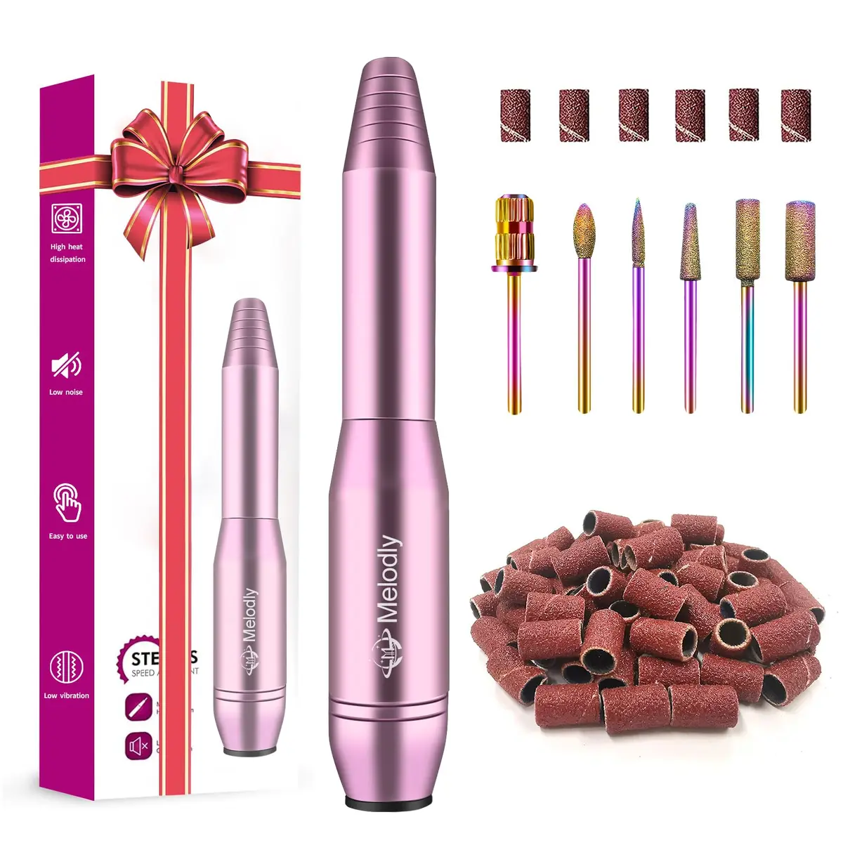 Melodly Electric Nail Drill Kit, Portable USB Efile Set with Iridescent Bits & Sanding Bands, Pink | 20000 RPM - main product image