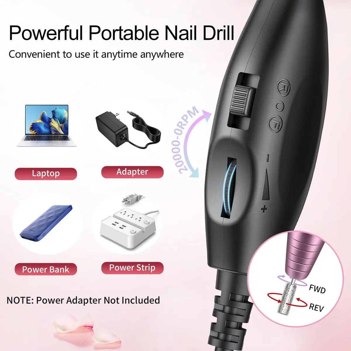 Melodly Electric Nail Drill Kit, Portable USB Efile Set with Iridescent Bits & Sanding Bands, Pink | 20000 RPM - view 5