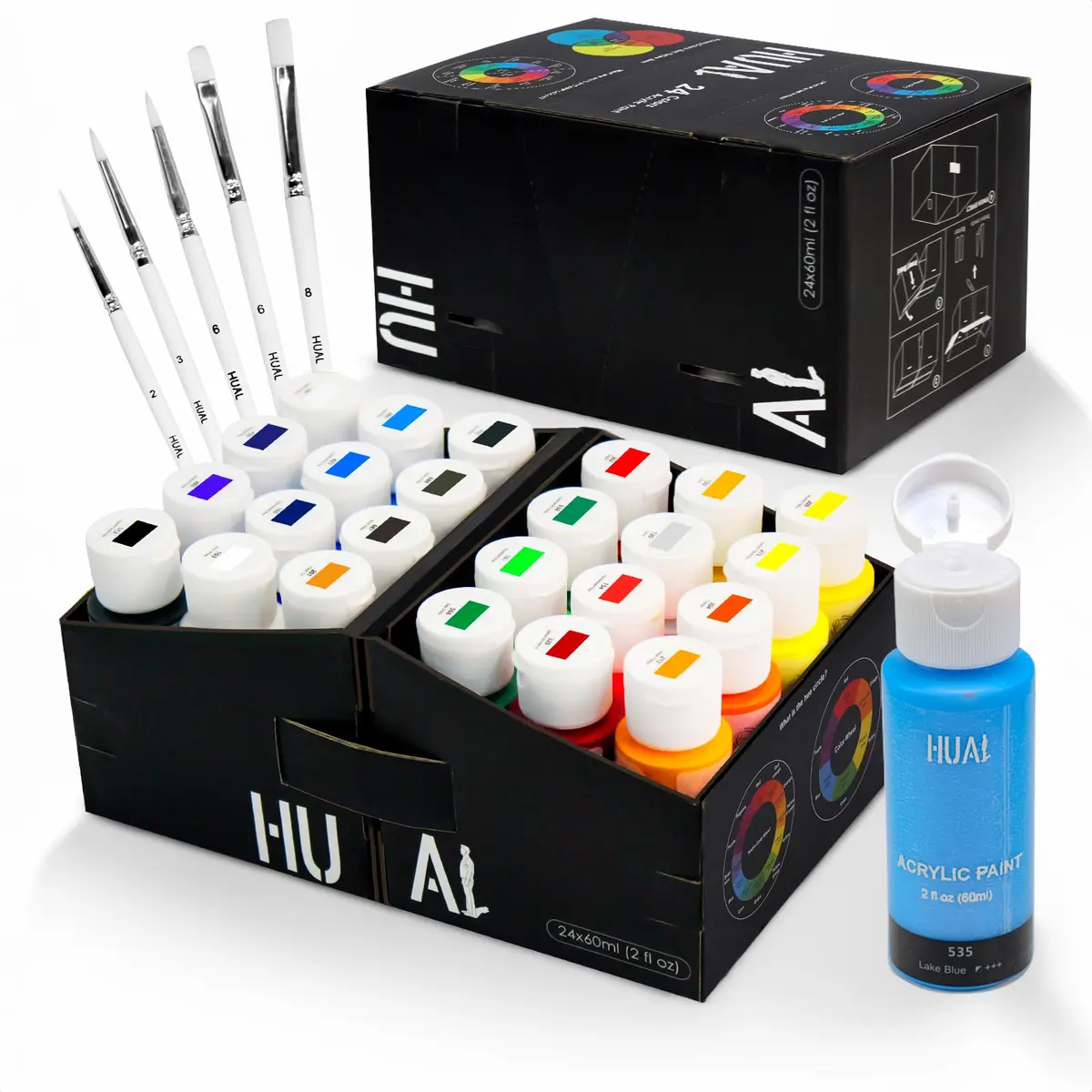 HUAL Acrylic Paint Set with 5 Brushes, 24 Colors (60ml / 2 Fl Oz Each) | ASTM D-4236 Certified Non-Toxic - main product image