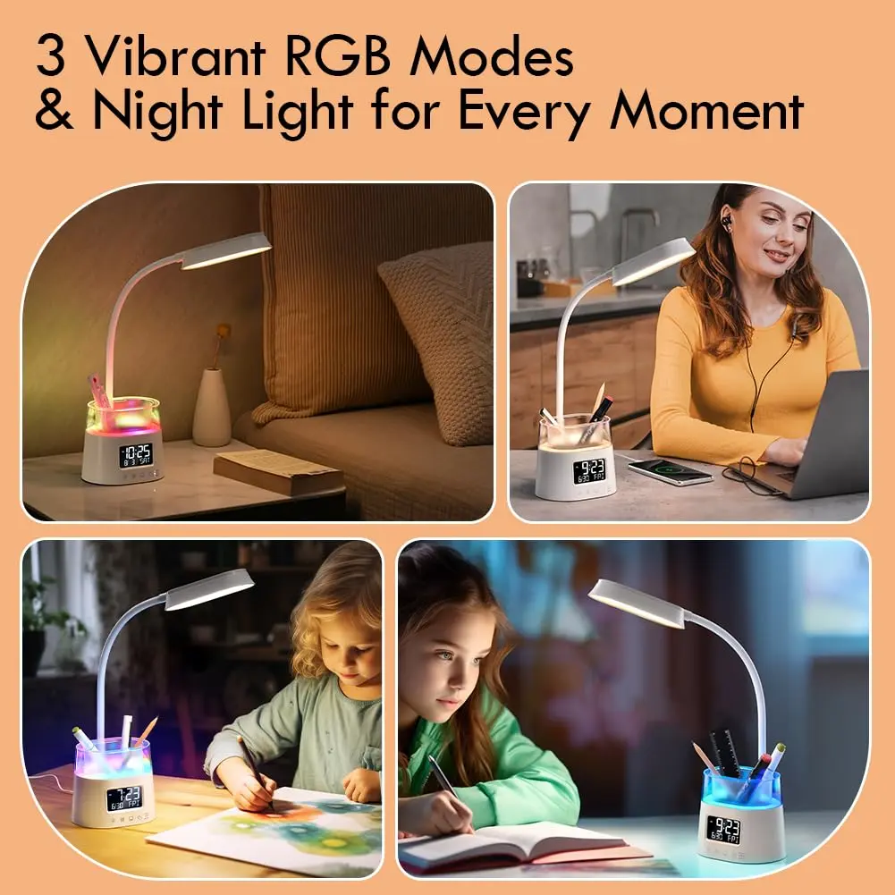 WILIT LED Desk Lamp for Home Office with Pen Holder, RGB Night Light, White | Adjustable Brightness & Timer - view 4