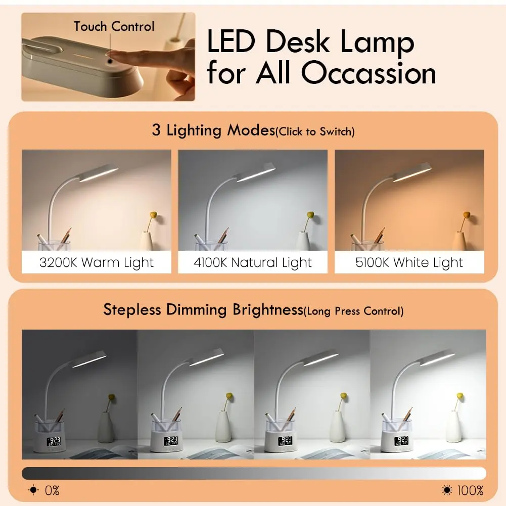 WILIT LED Desk Lamp for Home Office with Pen Holder, RGB Night Light, White | Adjustable Brightness & Timer - view 2