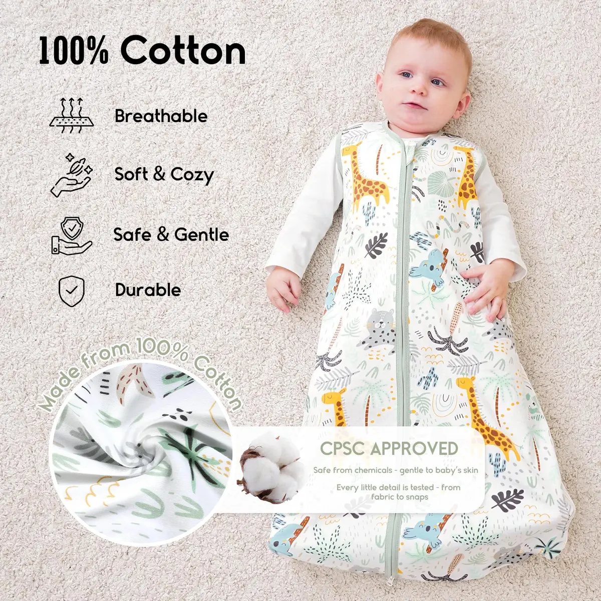 Yoofoss Baby Sleep Sack 0-6 Months 0.5 TOG | Organic Cotton Baby Wearable Blanket - view 2