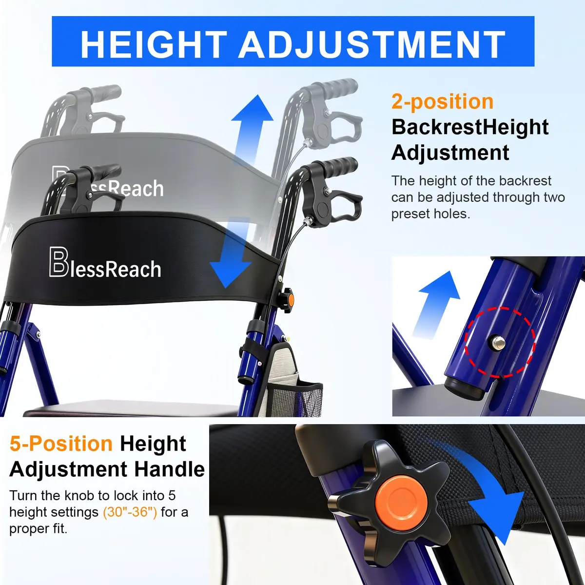 BlessReach Blue Walker | Lightweight Foldable Rollator with Seat for Seniors - view 2