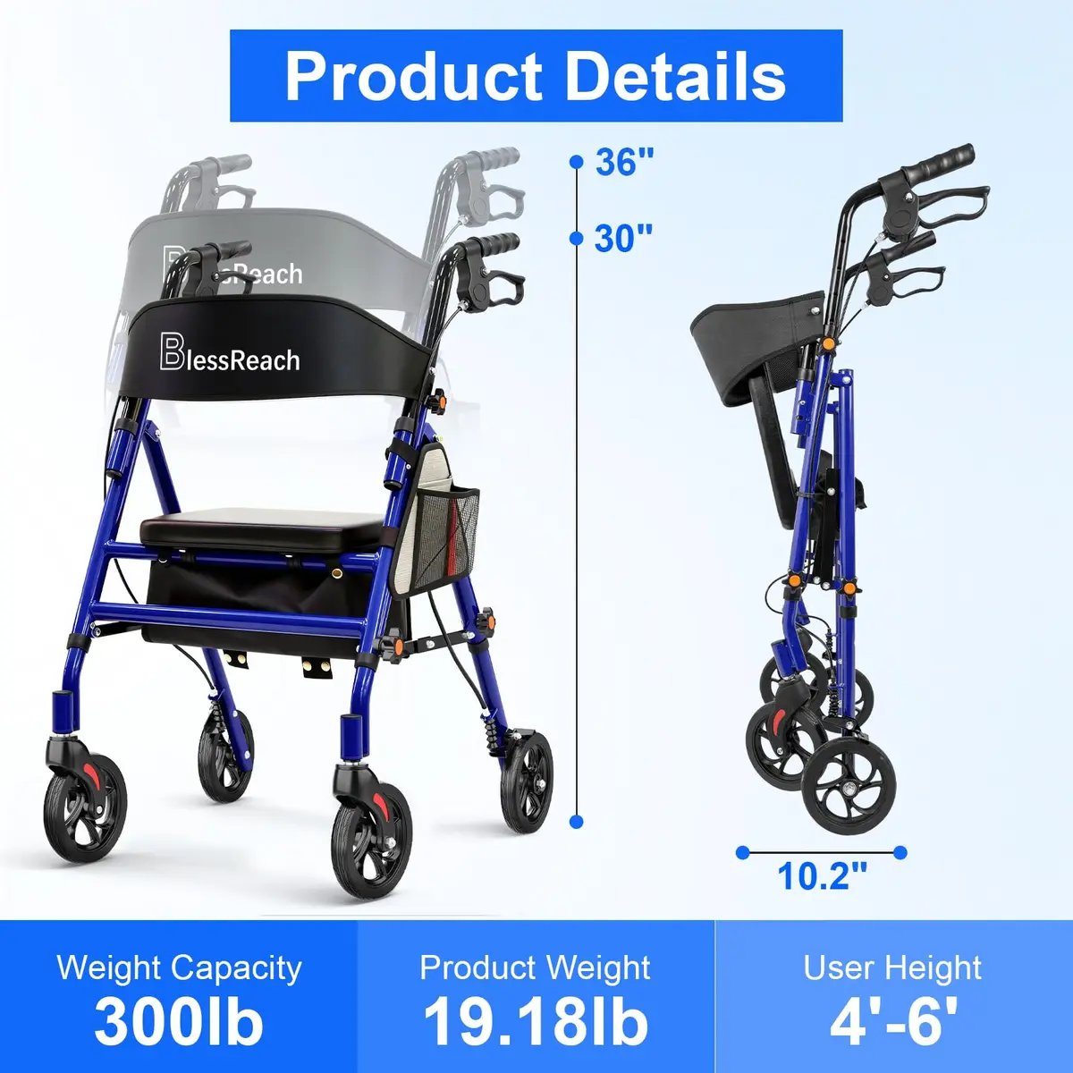 BlessReach Blue Walker | Lightweight Foldable Rollator with Seat for Seniors - view 3