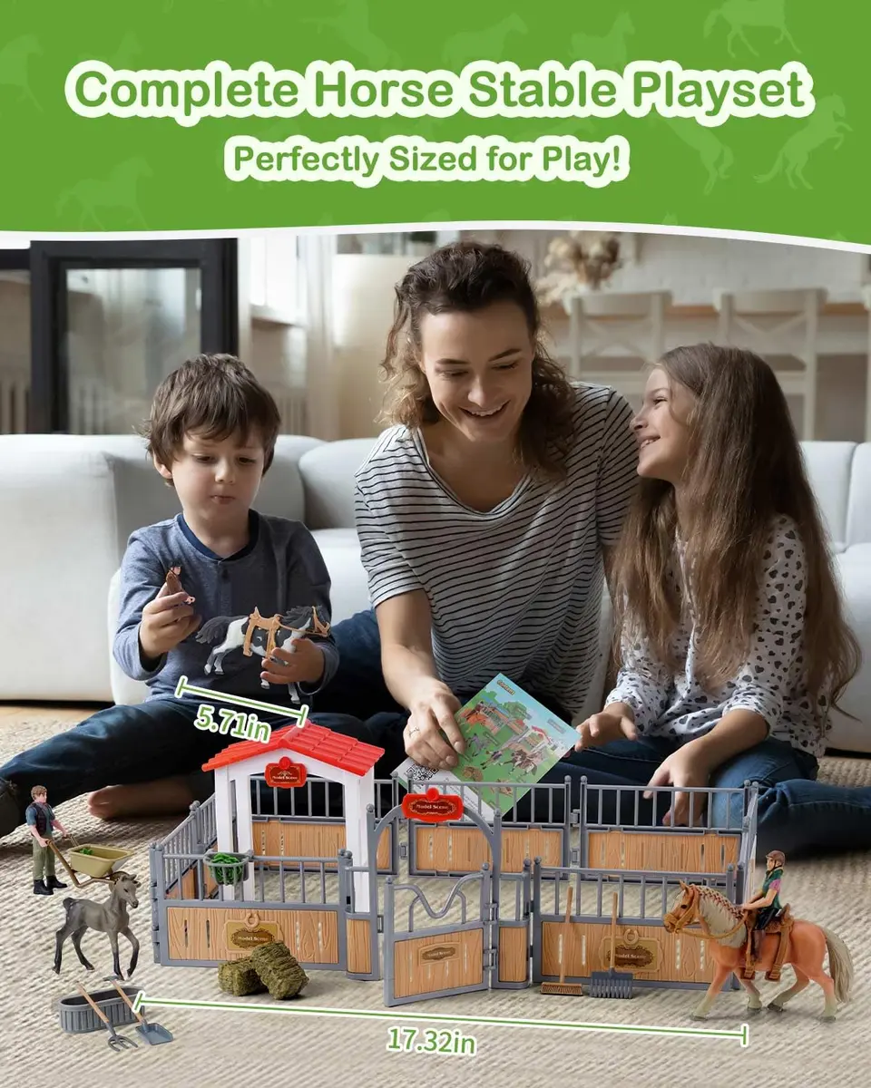 DuDuMo Horse Stable Playset with 3 Horses & 2 Riders | Realistic Farm Toy for Kids 3+ - view 2