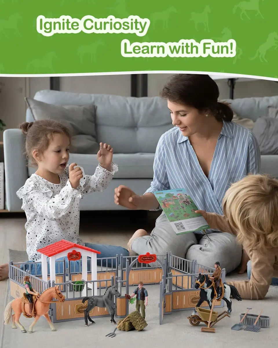 DuDuMo Horse Stable Playset with 3 Horses & 2 Riders | Realistic Farm Toy for Kids 3+ - view 4