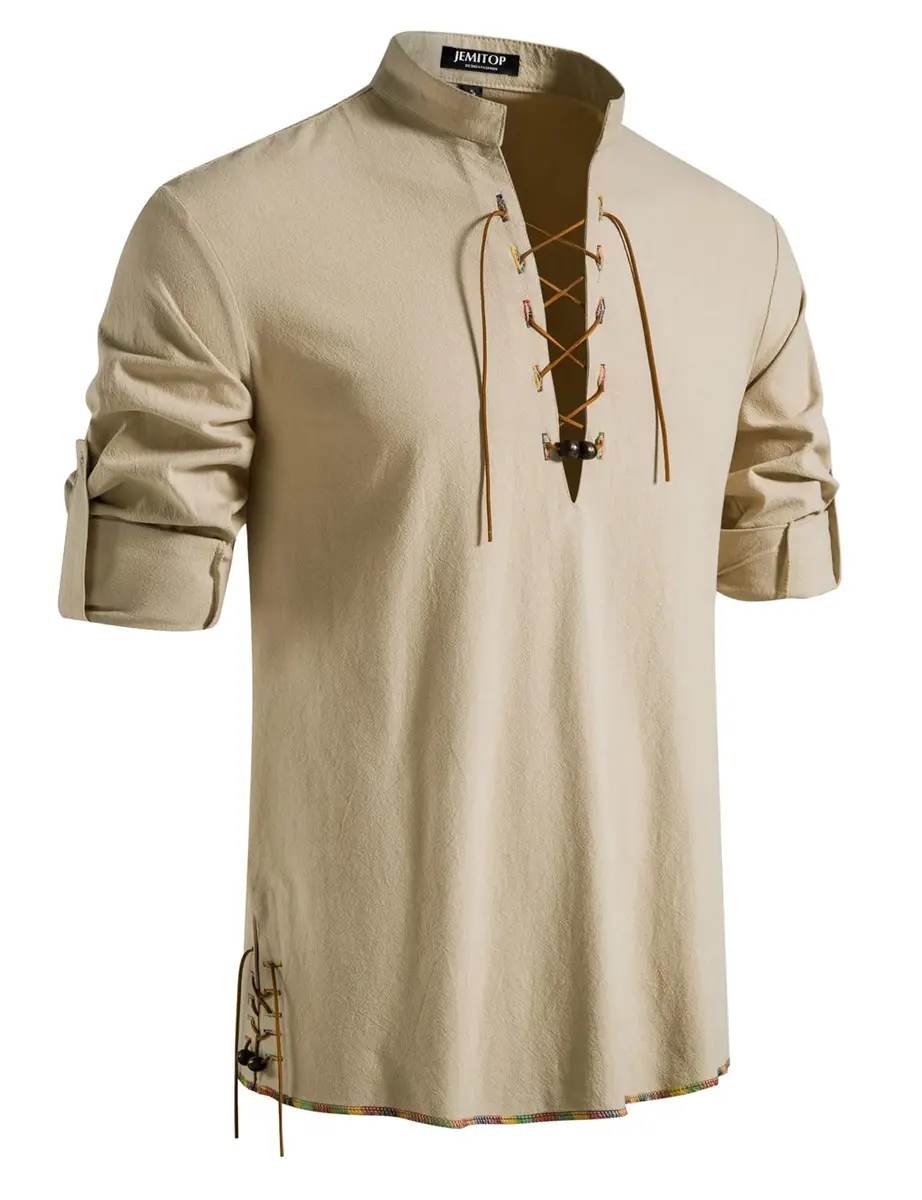 JEMITOP Men's Vintage Renaissance Costume Shirt Long Sleeve Lace Up M | Breathable Cotton for Cosplay & Halloween - main product image