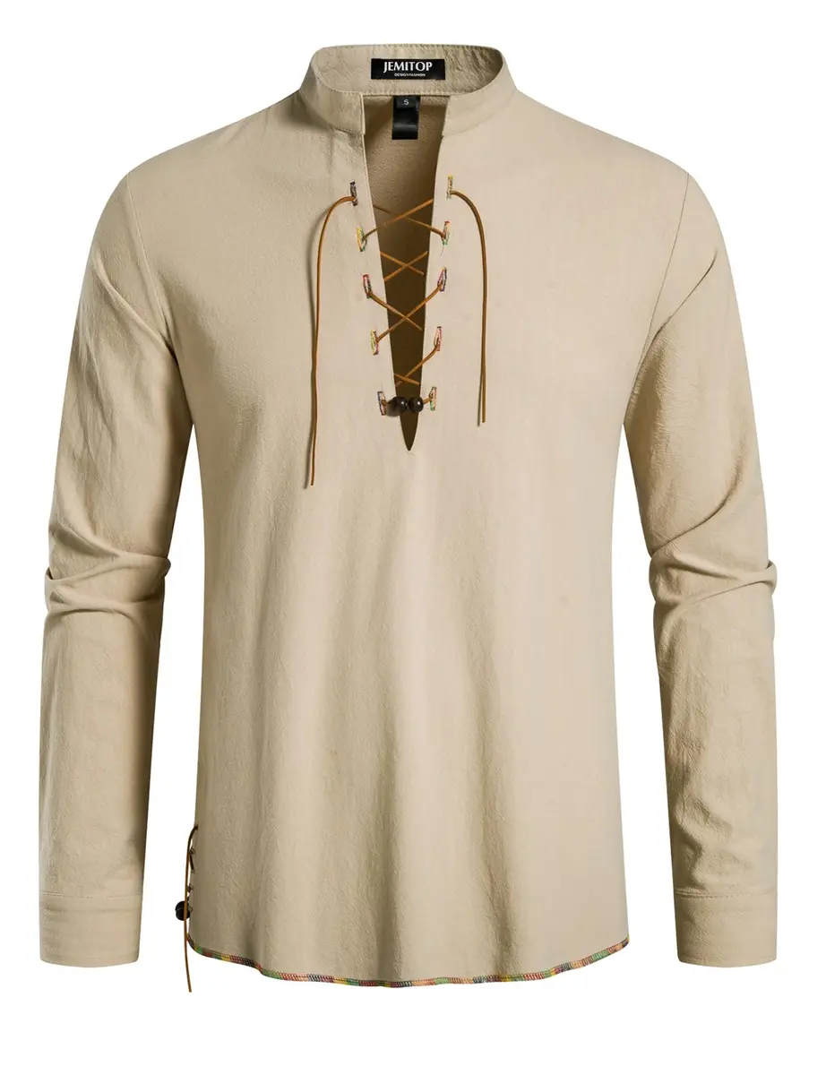 JEMITOP Men's Vintage Renaissance Costume Shirt Long Sleeve Lace Up M | Breathable Cotton for Cosplay & Halloween - view 2