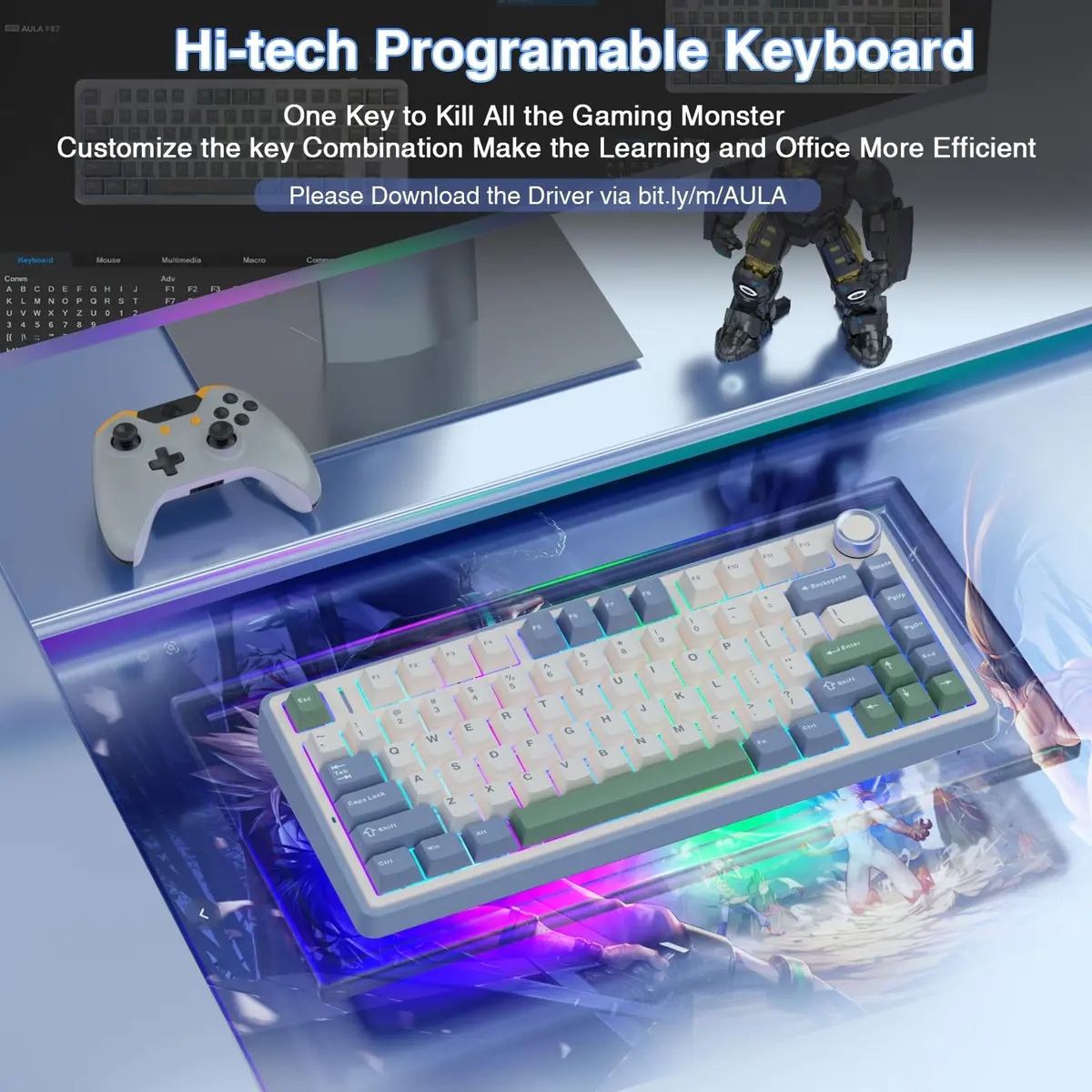 AULA F75 75% Wireless Mechanical Keyboard, Hot-Swappable Creamy Switches, RGB Backlit, 2.4GHz/Type-C/BT5.0 (White & Green) - view 6
