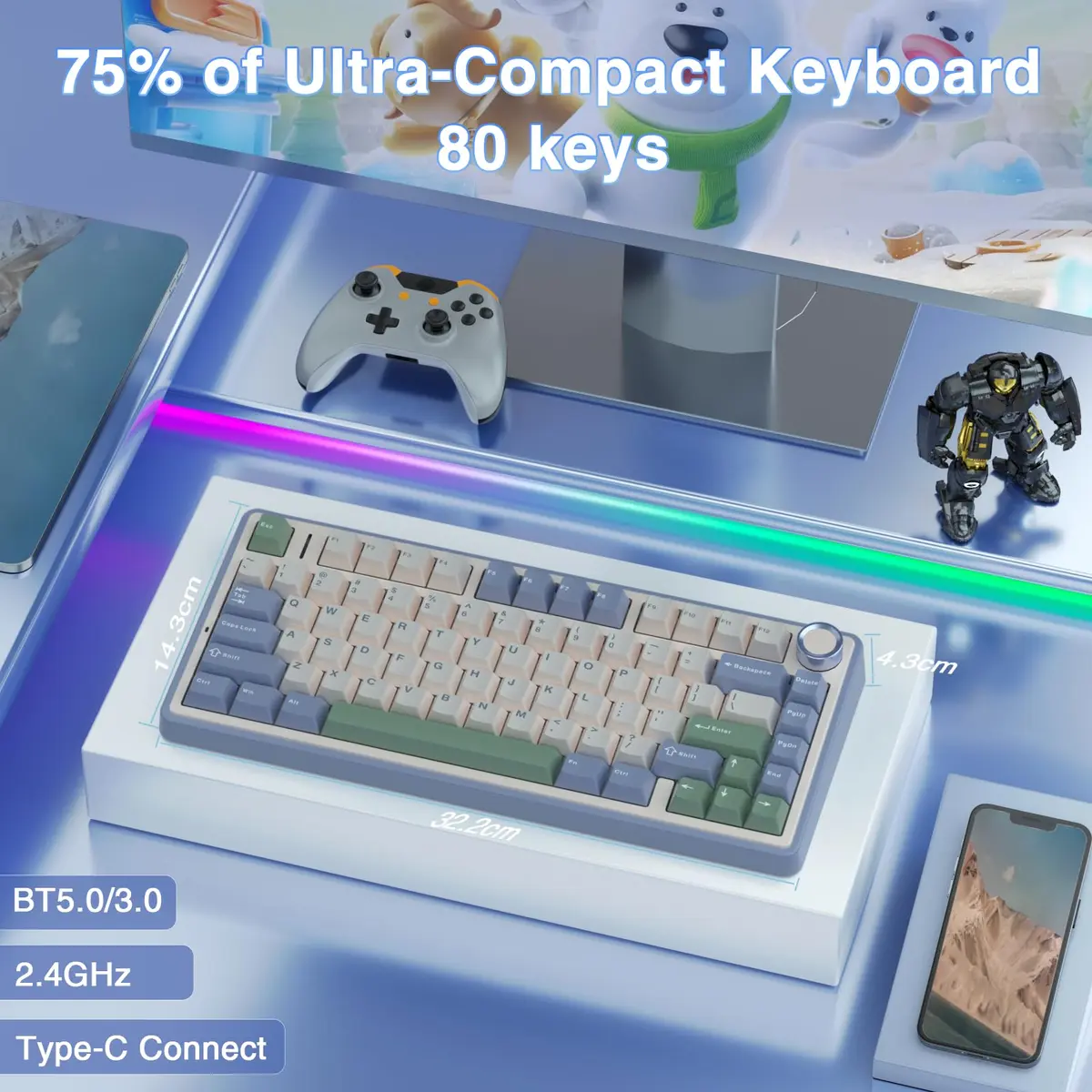 AULA F75 75% Wireless Mechanical Keyboard, Hot-Swappable Creamy Switches, RGB Backlit, 2.4GHz/Type-C/BT5.0 (White & Green) - view 2