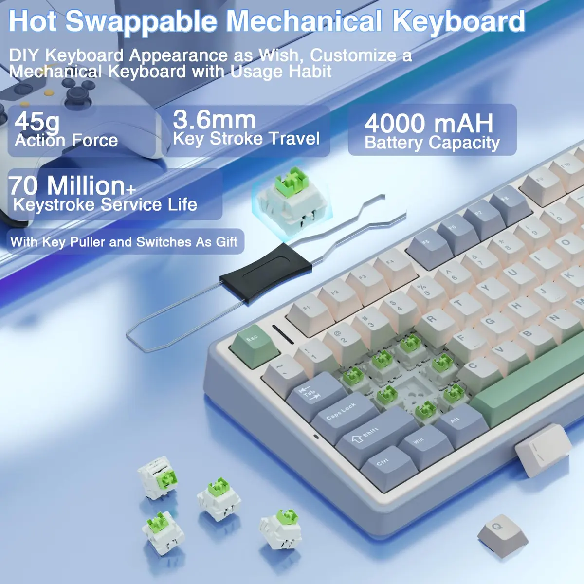 AULA F75 75% Wireless Mechanical Keyboard, Hot-Swappable Creamy Switches, RGB Backlit, 2.4GHz/Type-C/BT5.0 (White & Green) - view 4