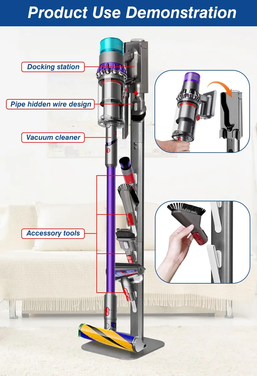 Haturi Metal Vacuum Stand Holder for Dyson Cordless Stick Vacuums | 47.8 inch (121.4 cm) Tall - view 4