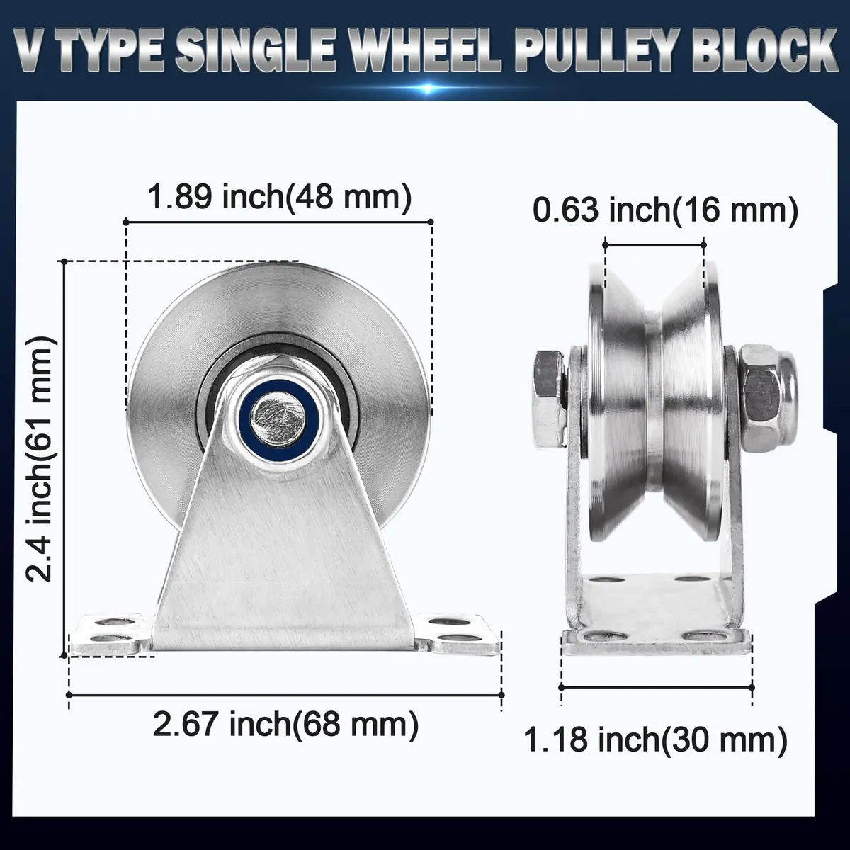 dojobkinb V Type Pulley Wheel 2 Pack 1.89 inch (4.8 cm) | Silent Duplex Bearing Stainless Steel Mounted Block - view 2
