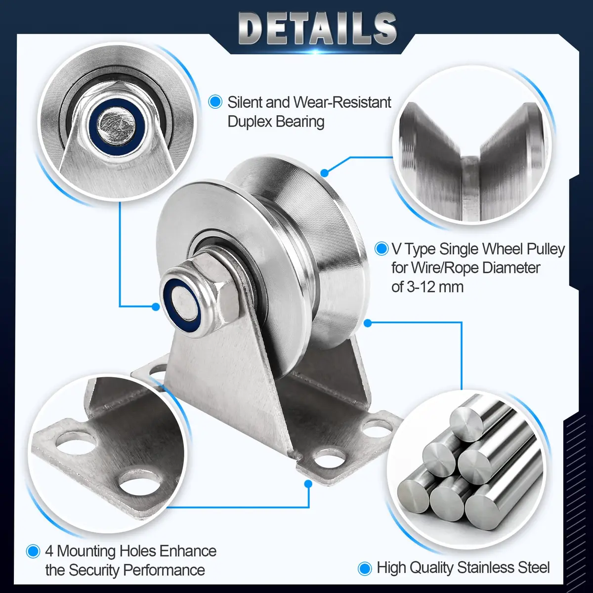 dojobkinb V Type Pulley Wheel 2 Pack 1.89 inch (4.8 cm) | Silent Duplex Bearing Stainless Steel Mounted Block - view 3