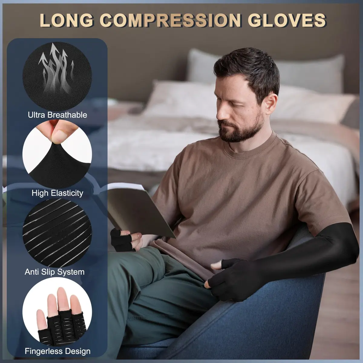 Zuscot Copper Long Compression Gloves for Arthritis & Edema | Support & Pain Relief (70-120 chars) - view 2