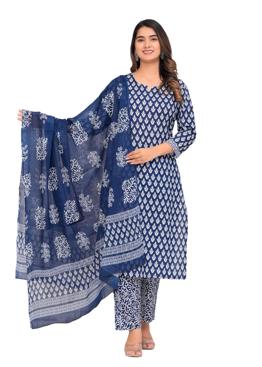 Meera Fab Women's Cotton Printed Straight Kurta with Palazzo & Dupatta Set Blue | 3-Piece Ethnic Wear - main product image