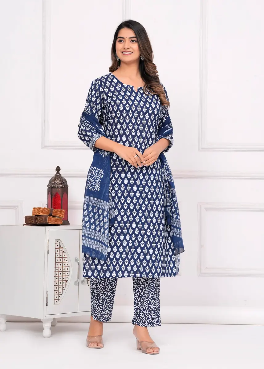 Meera Fab Women's Cotton Printed Straight Kurta with Palazzo & Dupatta Set Blue | 3-Piece Ethnic Wear - view 5