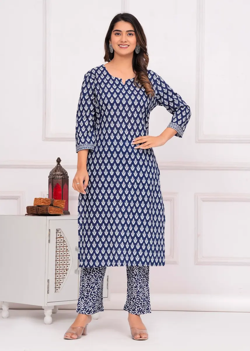 Meera Fab Women's Cotton Printed Straight Kurta with Palazzo & Dupatta Set Blue | 3-Piece Ethnic Wear - view 6