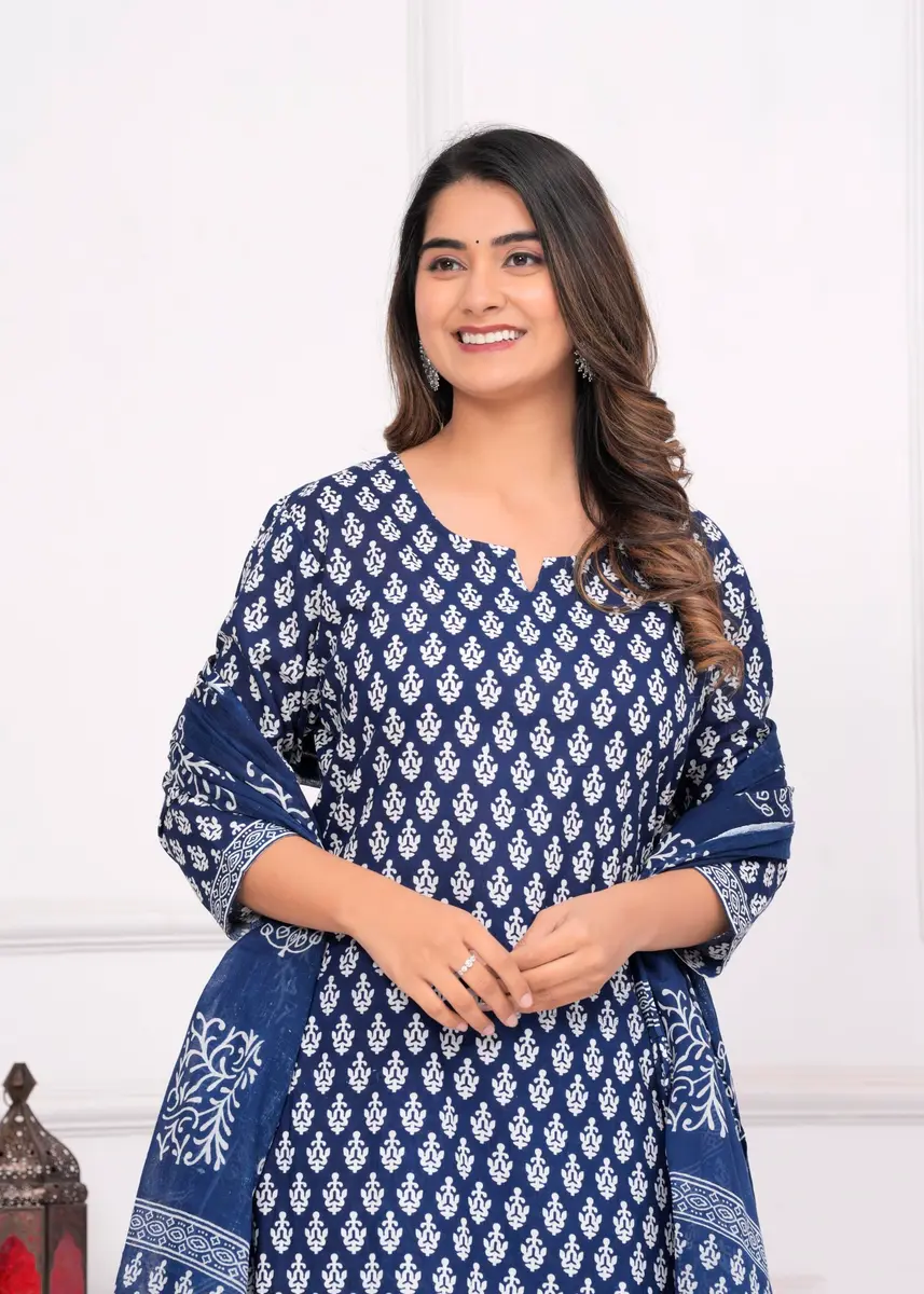 Meera Fab Women's Cotton Printed Straight Kurta with Palazzo & Dupatta Set Blue | 3-Piece Ethnic Wear - view 7