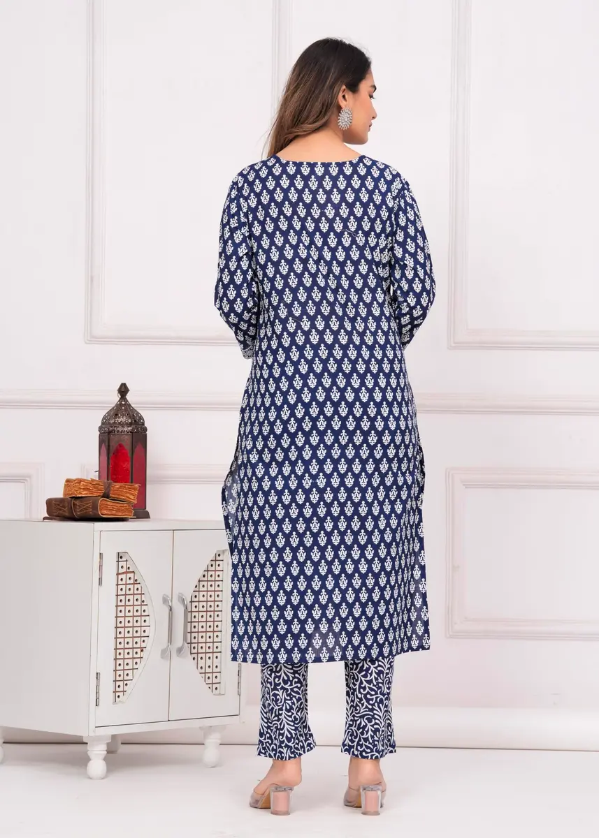 Meera Fab Women's Cotton Printed Straight Kurta with Palazzo & Dupatta Set Blue | 3-Piece Ethnic Wear - view 9