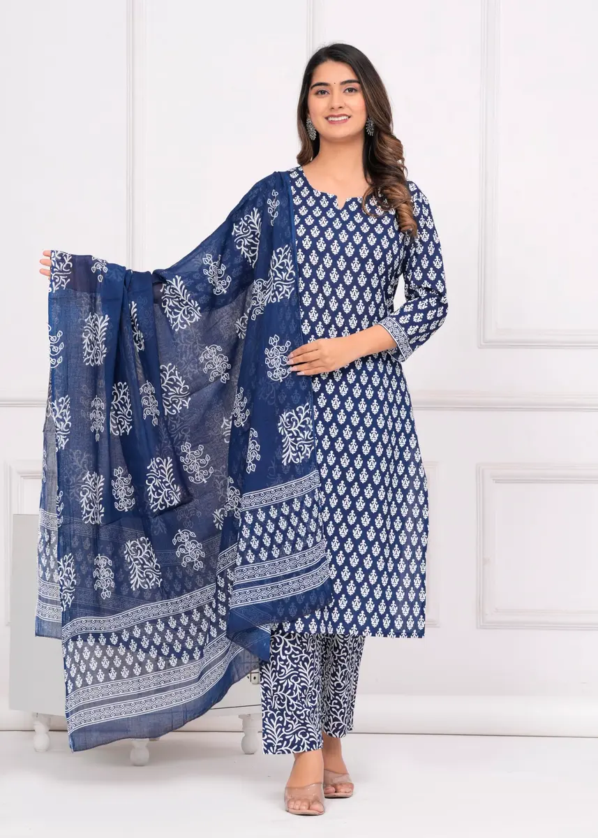 Meera Fab Women's Cotton Printed Straight Kurta with Palazzo & Dupatta Set Blue | 3-Piece Ethnic Wear - view 2