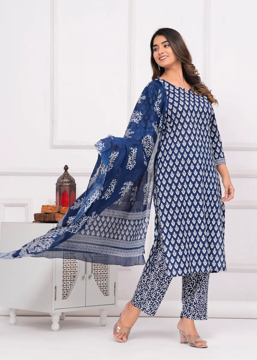 Meera Fab Women's Cotton Printed Straight Kurta with Palazzo & Dupatta Set Blue | 3-Piece Ethnic Wear - view 3