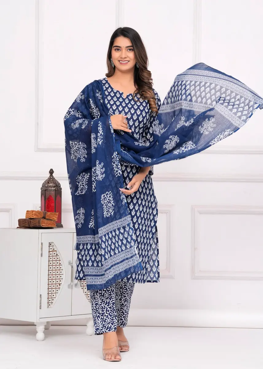 Meera Fab Women's Cotton Printed Straight Kurta with Palazzo & Dupatta Set Blue | 3-Piece Ethnic Wear - view 4