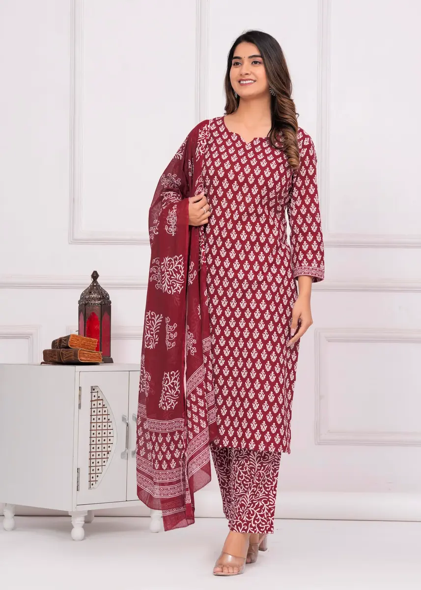 Meera Fab Women's Cotton Printed Kurta with Palazzo & Dupatta Set in Maroon | Light, Trendy & Soft - view 4