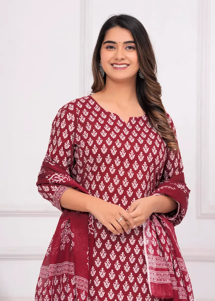 Meera Fab Women's Cotton Printed Kurta with Palazzo & Dupatta Set in Maroon | Light, Trendy & Soft - view 5