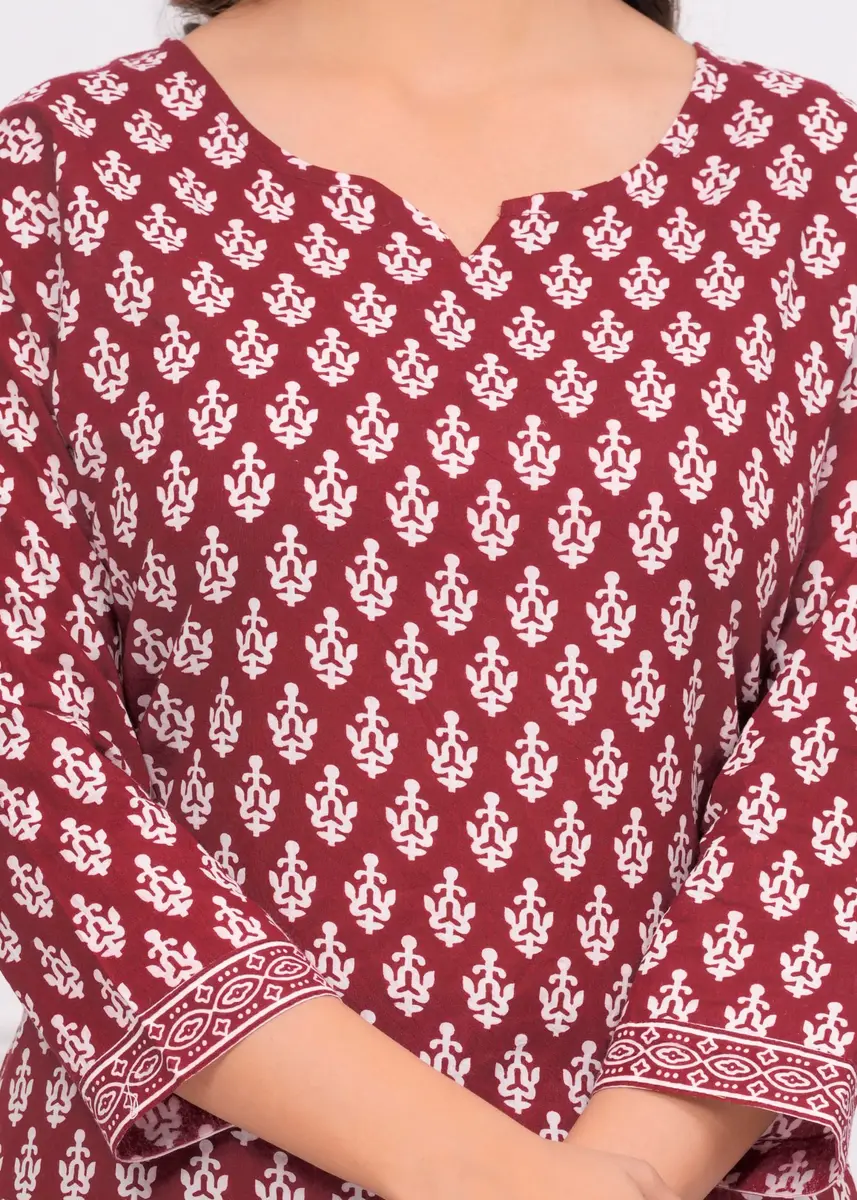 Meera Fab Women's Cotton Printed Kurta with Palazzo & Dupatta Set in Maroon | Light, Trendy & Soft - view 6