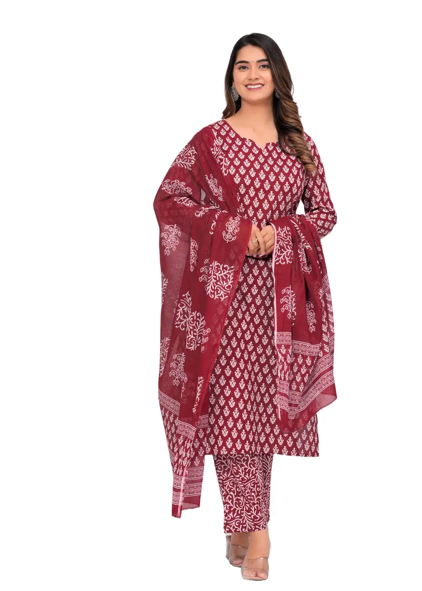 Meera Fab Women's Cotton Printed Kurta with Palazzo & Dupatta Set in Maroon | Light, Trendy & Soft - main product image