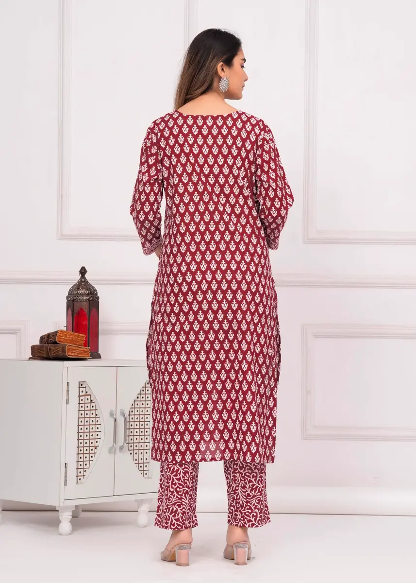 Meera Fab Women's Cotton Printed Kurta with Palazzo & Dupatta Set in Maroon | Light, Trendy & Soft - view 7
