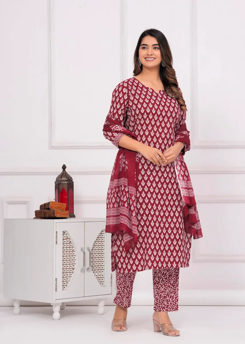 Meera Fab Women's Cotton Printed Kurta with Palazzo & Dupatta Set in Maroon | Light, Trendy & Soft - view 8