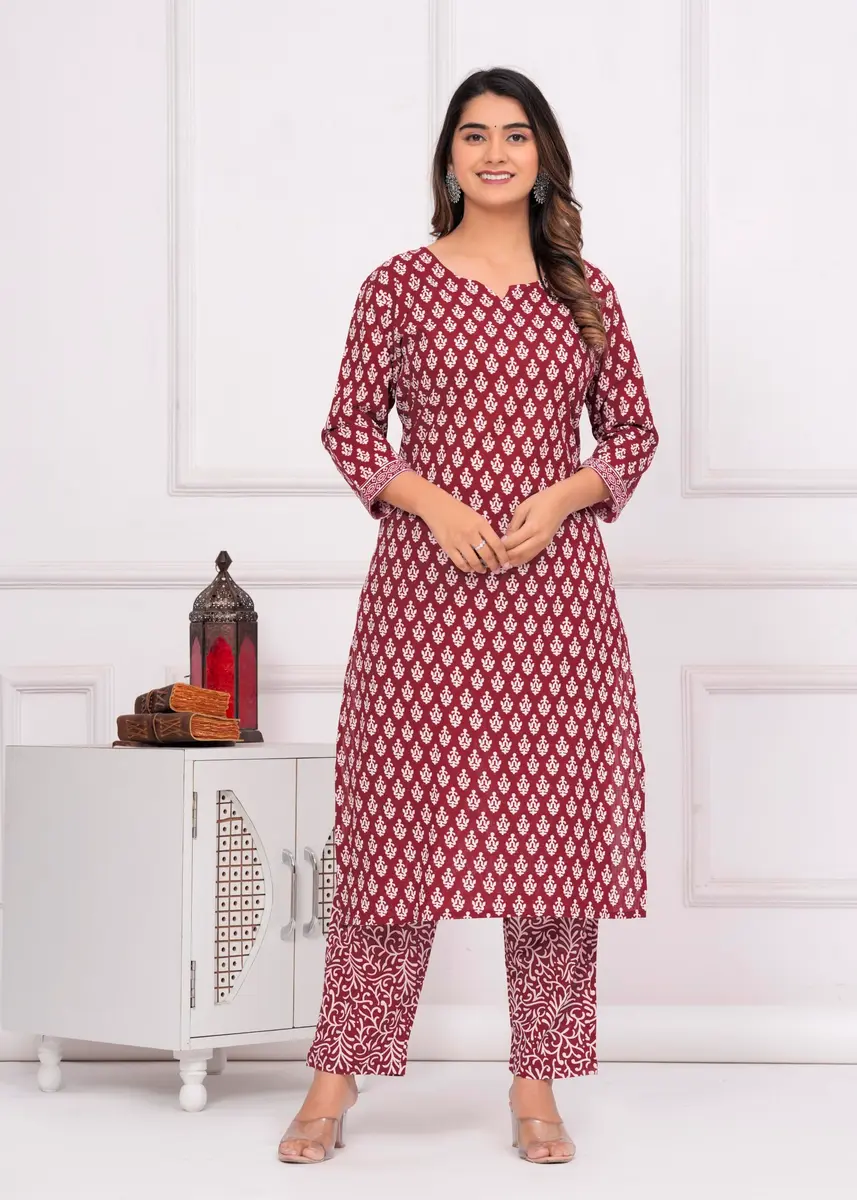 Meera Fab Women's Cotton Printed Kurta with Palazzo & Dupatta Set in Maroon | Light, Trendy & Soft - view 9