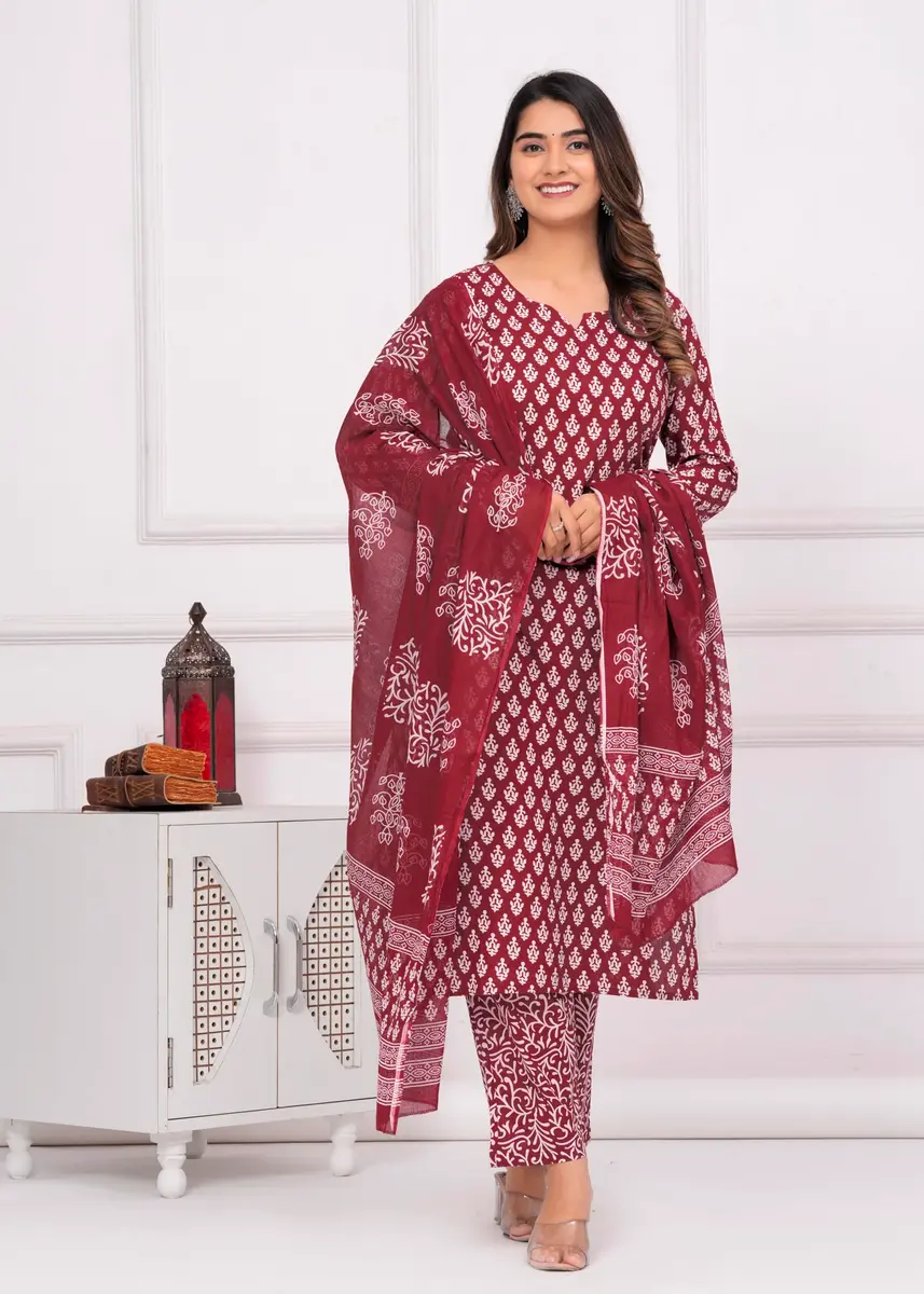 Meera Fab Women's Cotton Printed Kurta with Palazzo & Dupatta Set in Maroon | Light, Trendy & Soft - view 2