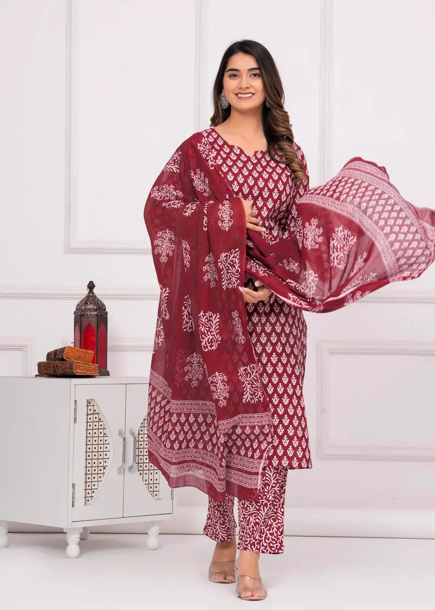 Meera Fab Women's Cotton Printed Kurta with Palazzo & Dupatta Set in Maroon | Light, Trendy & Soft - view 3