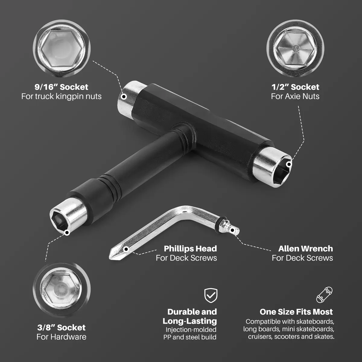 OAOJUBR Skate Tools, Multifunctional All-in-One Skateboard Wrench, 2-in-1 Portable T-Type Wrench and Built-in L-Type Cross Head Screwdriver, longboard accessories - view 2