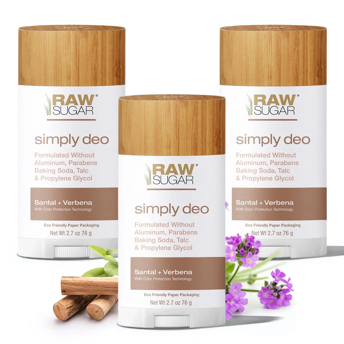 RAW SUGAR Aluminum Free Deodorant Stick Pack of 3 | Sensitive, Clean, Santal + Verbena - main product image