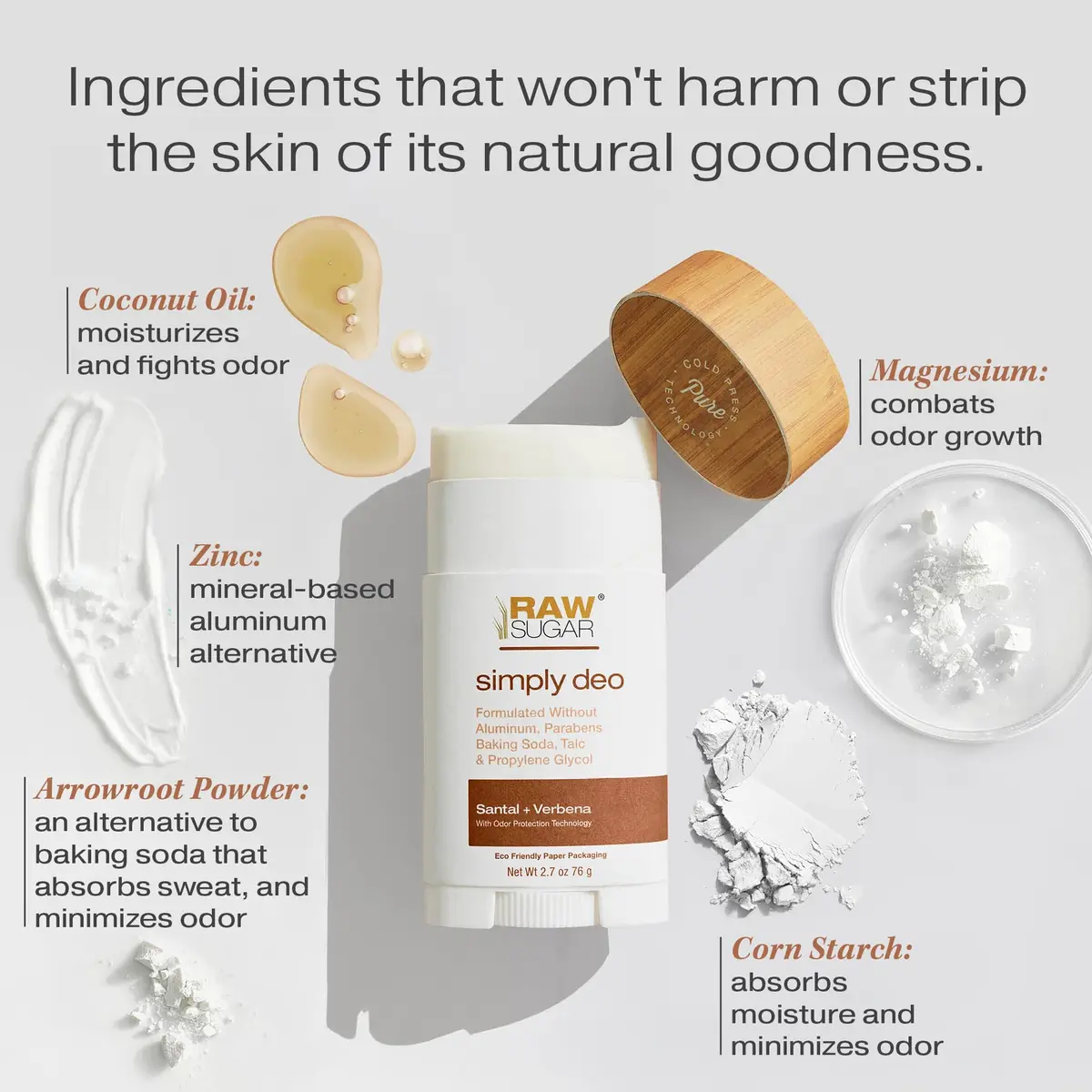 RAW SUGAR Aluminum Free Deodorant Stick Pack of 3 | Sensitive, Clean, Santal + Verbena - view 2
