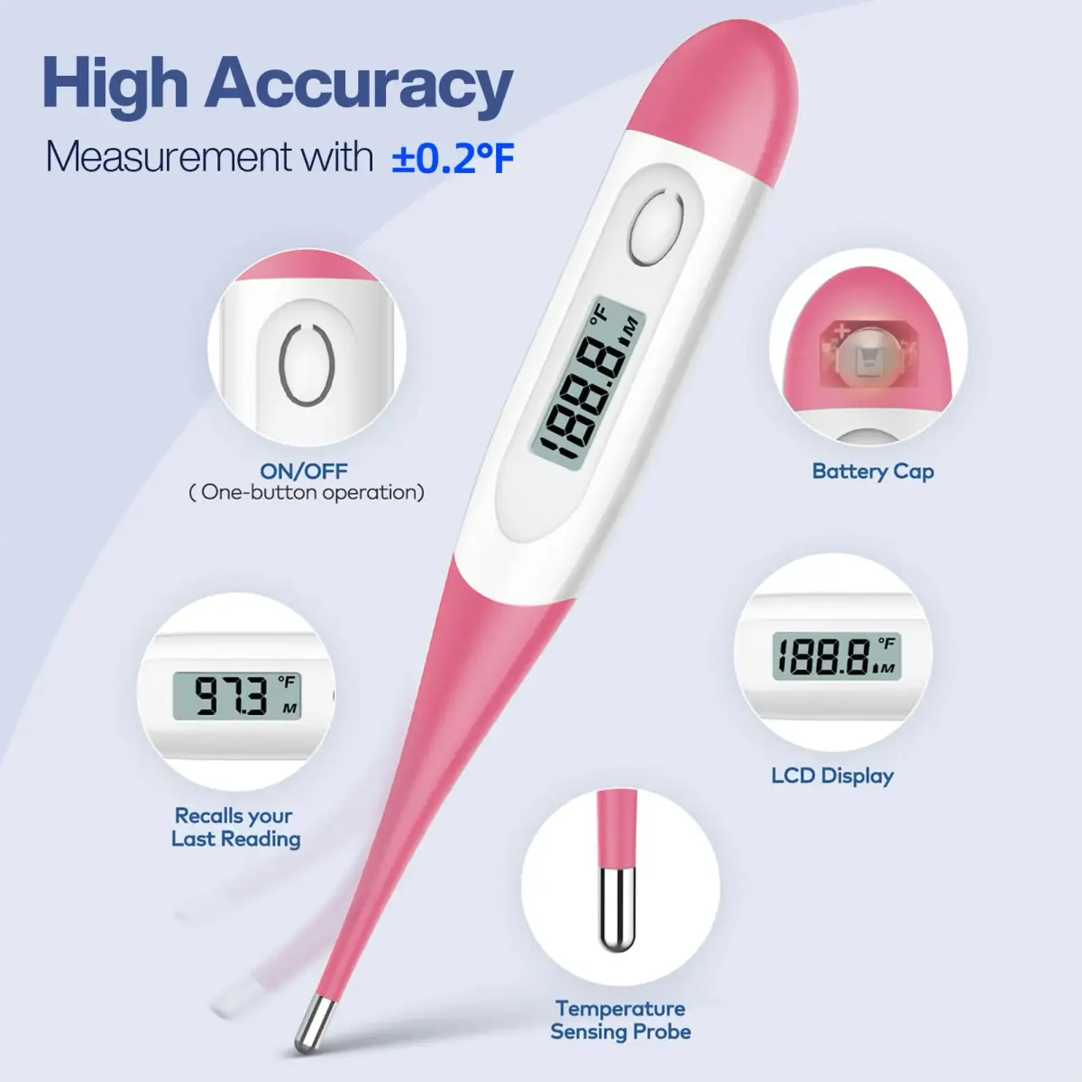Boncare Pink Digital Oral Thermometer 10 Seconds | Accurate & Safe for Adults, Kids, Pets - view 3