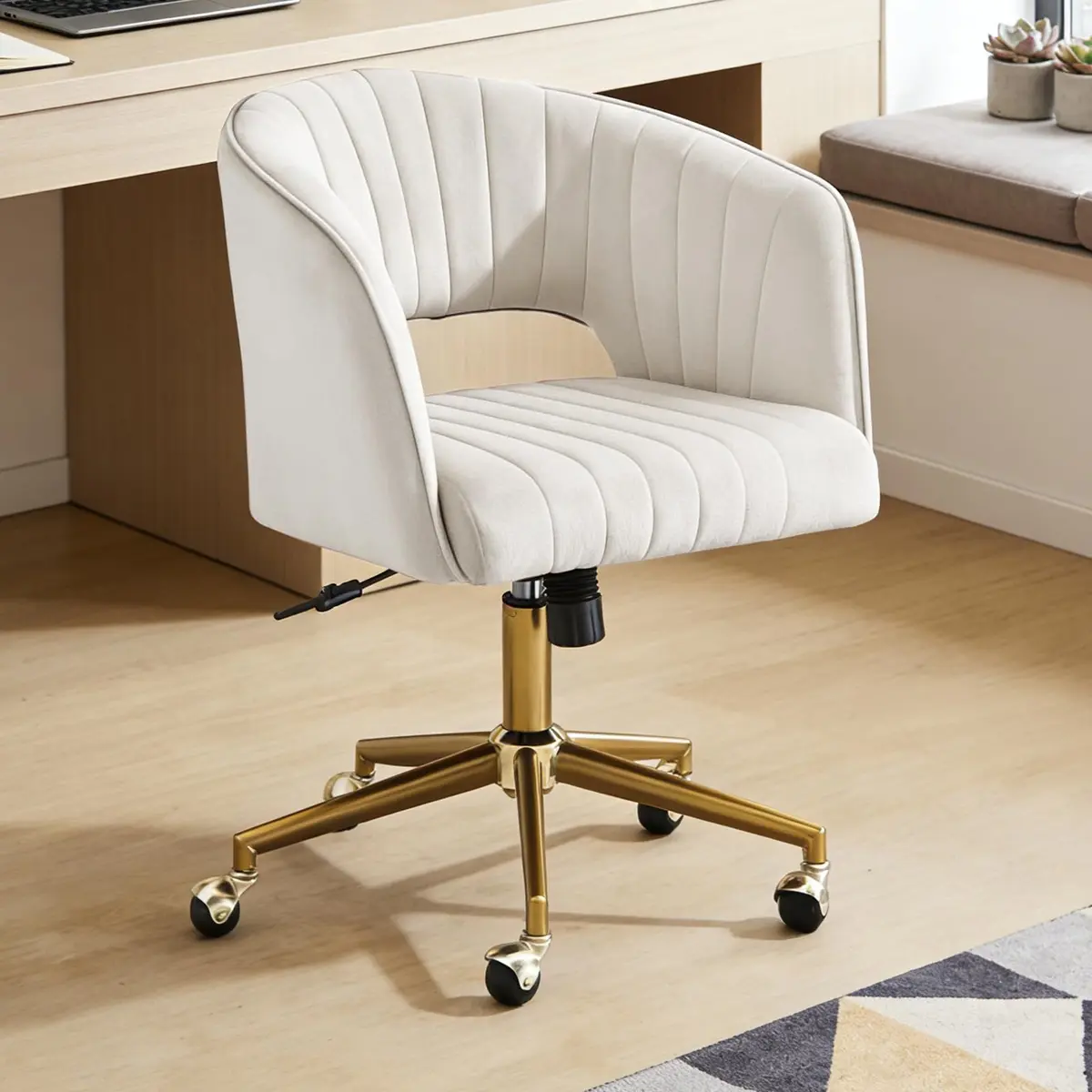 FENFSHE Home Office Desk Chair Beige | Velvet Swivel Chair with Gold Base (22.6"D x 19"W x 32.4"H) - main product image