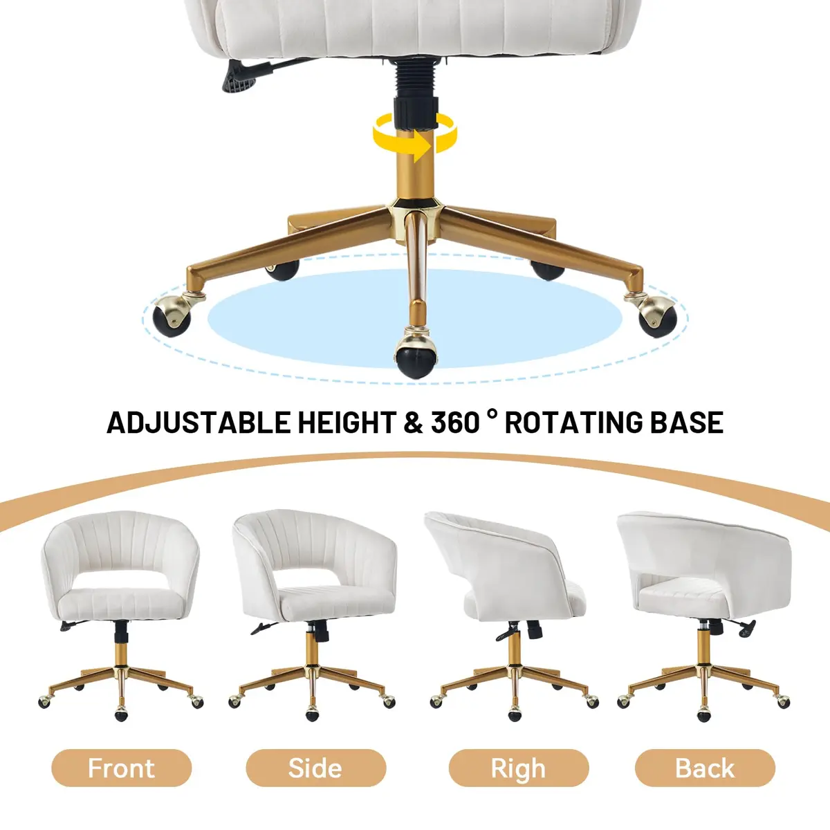 FENFSHE Home Office Desk Chair Beige | Velvet Swivel Chair with Gold Base (22.6"D x 19"W x 32.4"H) - view 7