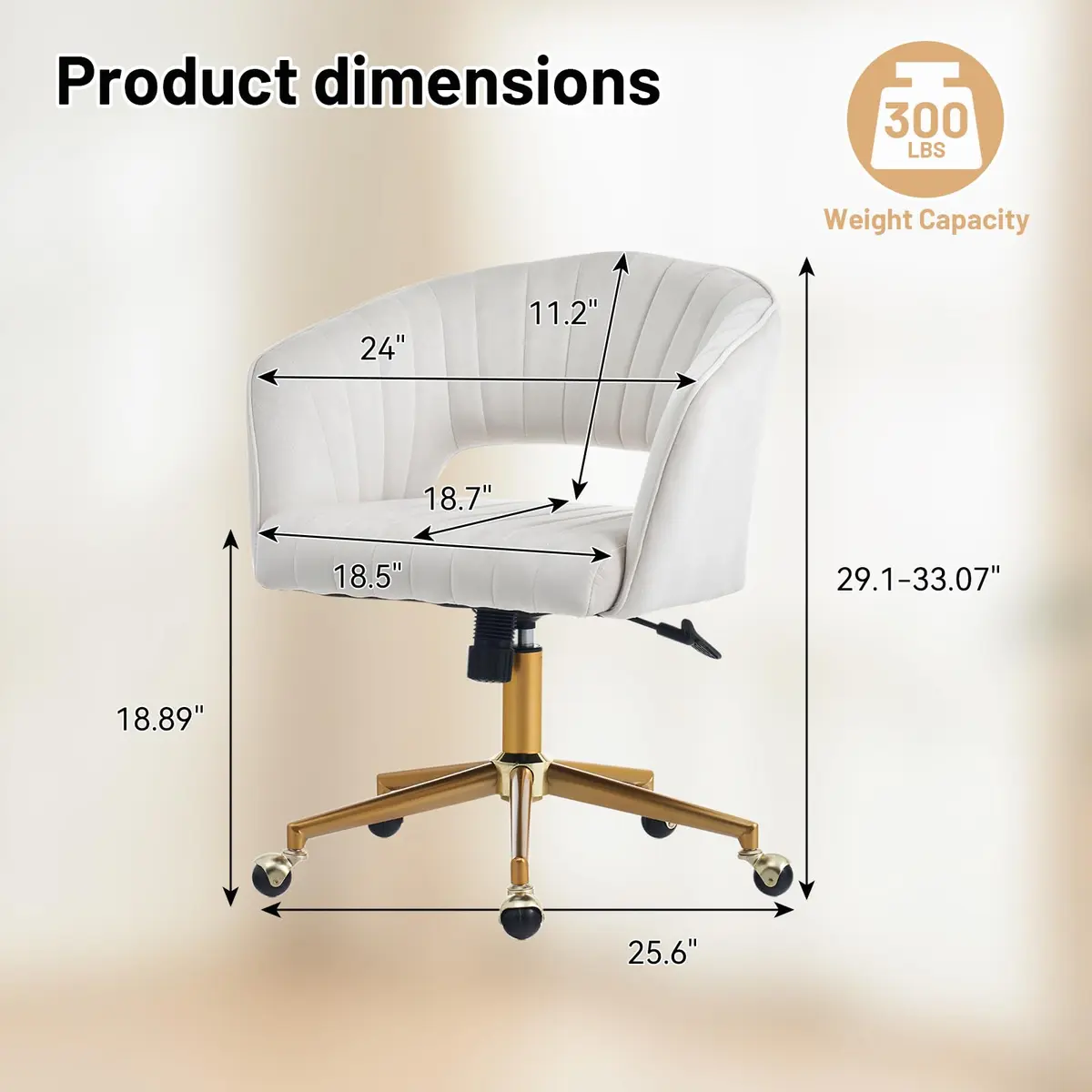 FENFSHE Home Office Desk Chair Beige | Velvet Swivel Chair with Gold Base (22.6"D x 19"W x 32.4"H) - view 2