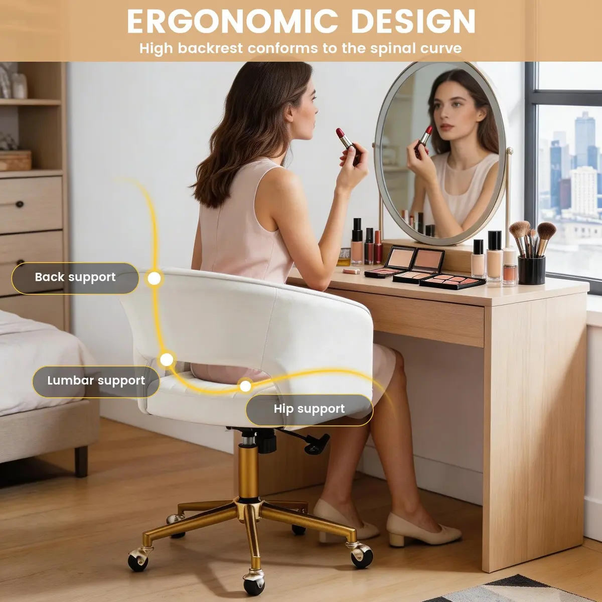 FENFSHE Home Office Desk Chair Beige | Velvet Swivel Chair with Gold Base (22.6"D x 19"W x 32.4"H) - view 4