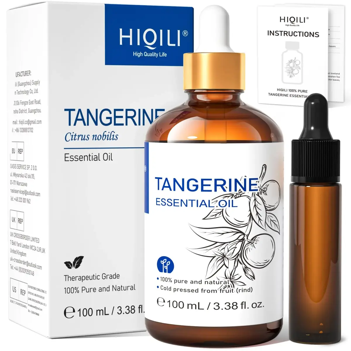 HIQILI Tangerine Essential Oil 100ml (3.38 Fl Oz) | Fresh Citrus Aroma for Skin & Home - main product image