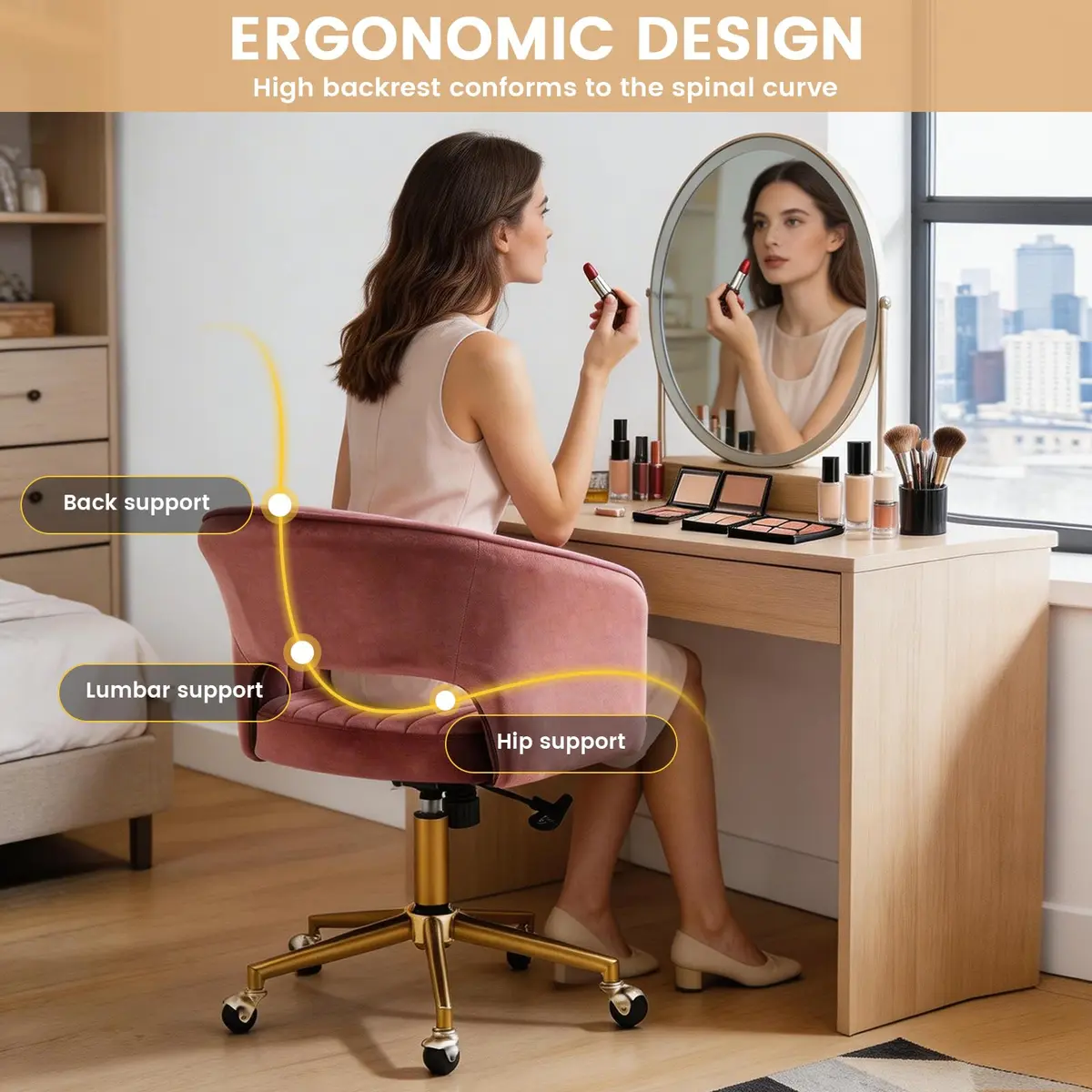 FENFSHE Velvet Vanity Chair with Swivel & Gold Base | 360° Rotation, Pink, 19.3 inches W x 23.6 inches D x 35 inches H - view 4