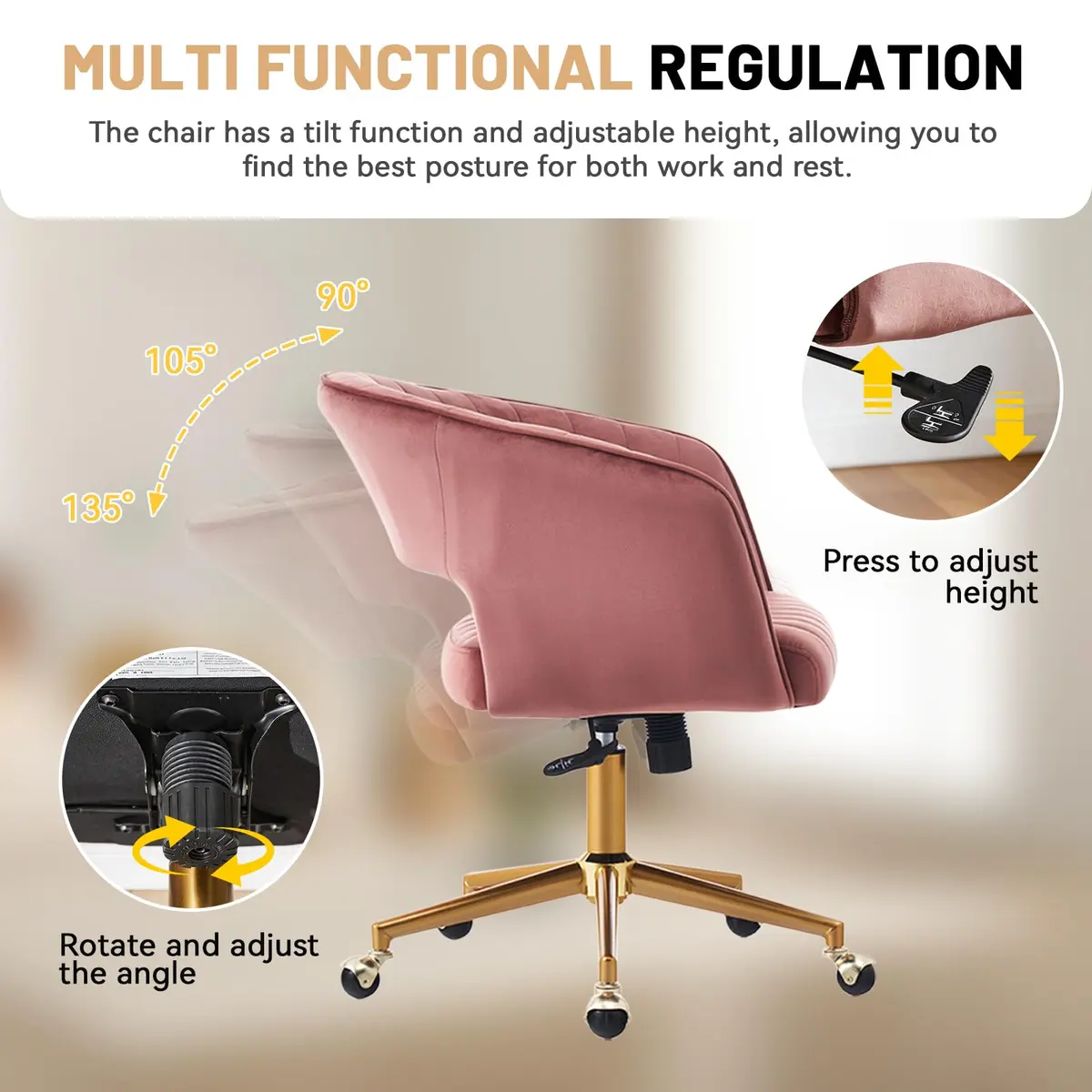 FENFSHE Velvet Vanity Chair with Swivel & Gold Base | 360° Rotation, Pink, 19.3 inches W x 23.6 inches D x 35 inches H - view 5