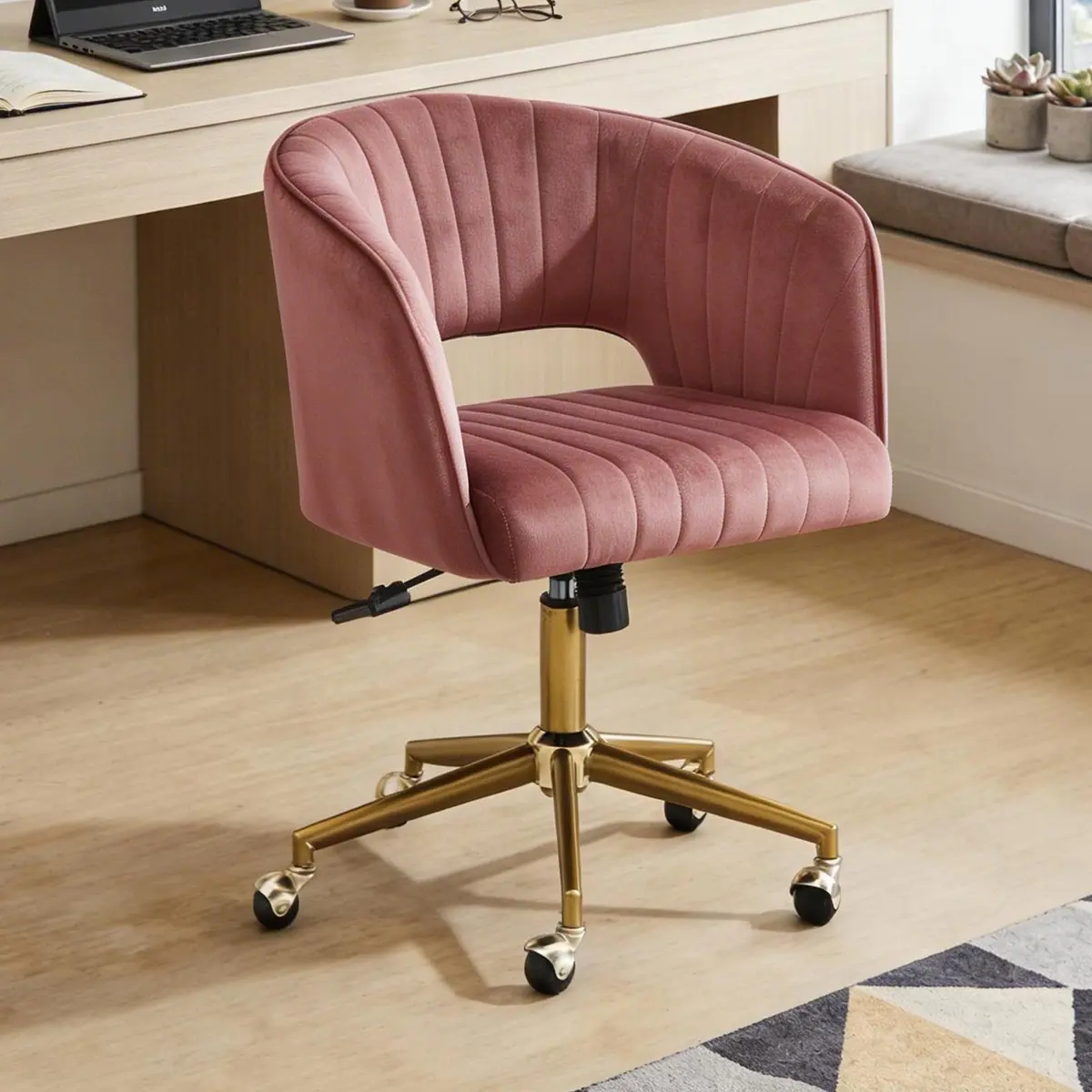FENFSHE Velvet Vanity Chair with Swivel & Gold Base | 360° Rotation, Pink, 19.3 inches W x 23.6 inches D x 35 inches H - main product image