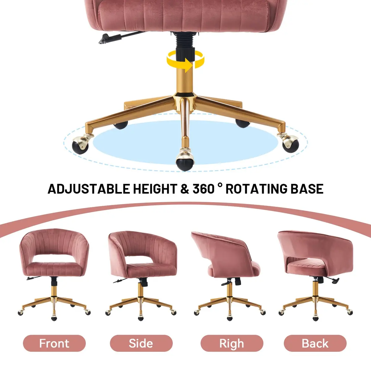 FENFSHE Velvet Vanity Chair with Swivel & Gold Base | 360° Rotation, Pink, 19.3 inches W x 23.6 inches D x 35 inches H - view 7